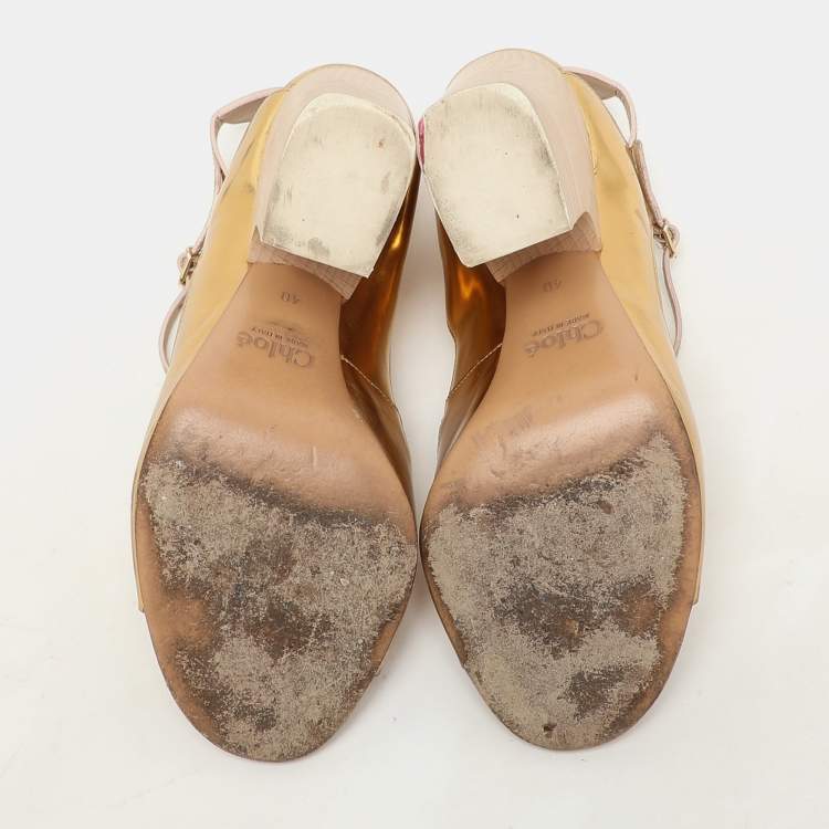 Pre Owned Chloe Gold Leather Ankle Strap Pumps Size 40