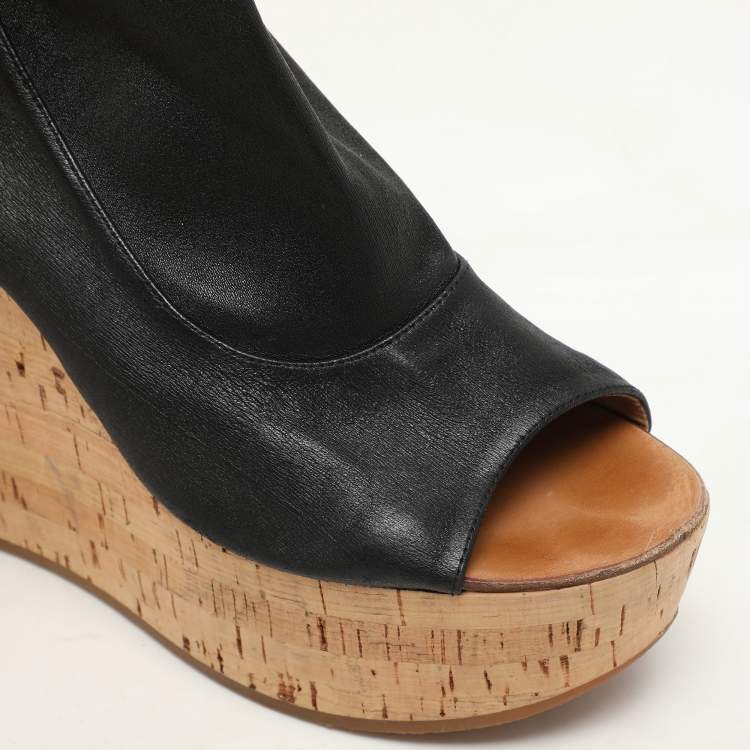 Pre Owned Chloe Black Leather Cork Wedge Cut Out Boots Size 38.5