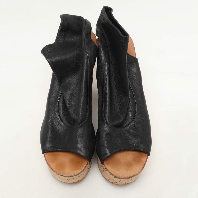 Pre Owned Chloe Black Leather Cork Wedge Cut Out Boots Size 38.5