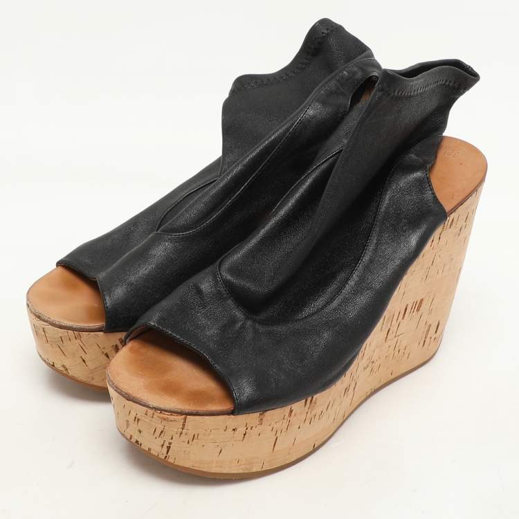 Pre Owned Chloe Black Leather Cork Wedge Cut Out Boots Size 38.5