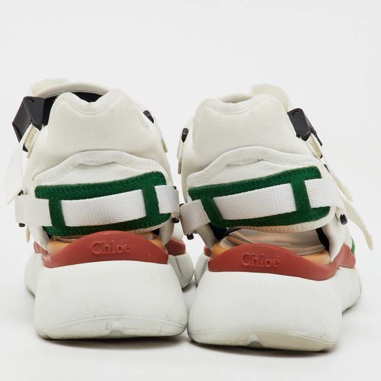 Pre Owned Chloé White/Green Fabric and Suede Sonnie Ankle Strap Sandals Size 39