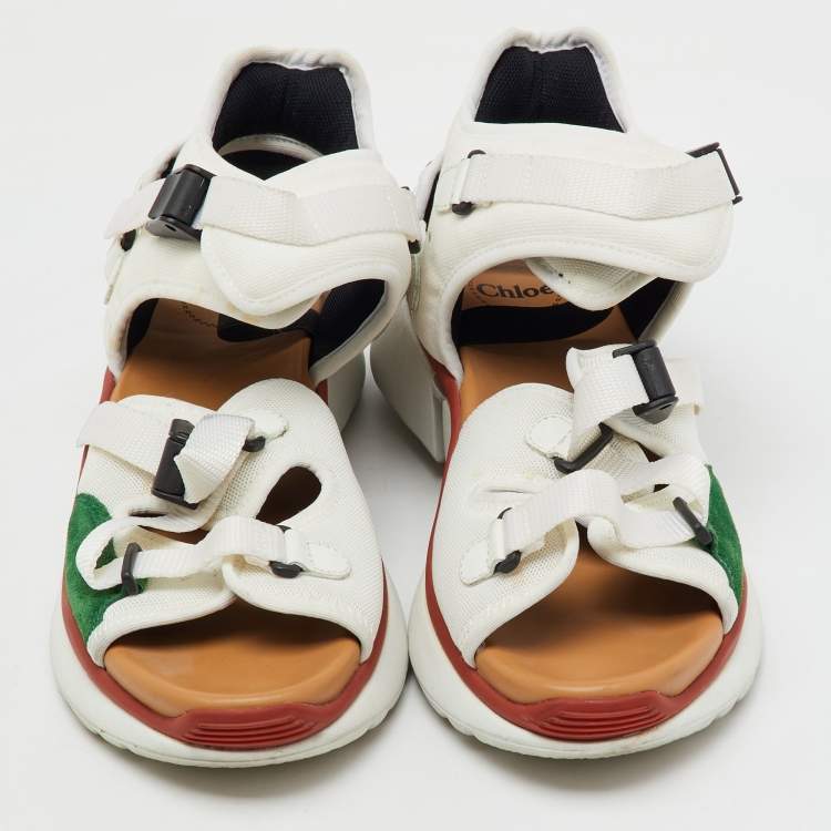 Pre Owned Chloé White/Green Fabric and Suede Sonnie Ankle Strap Sandals Size 39