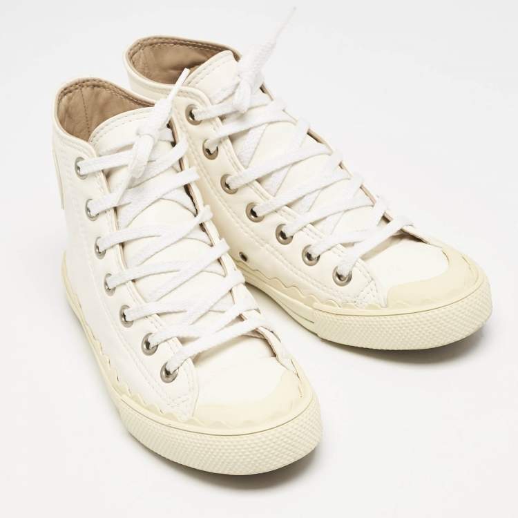 Pre Owned Chloe Off White Leather Kyle High Top Sneakers Size 36