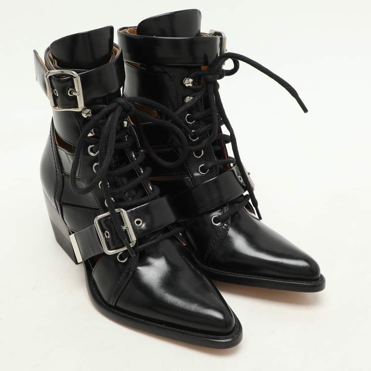 Pre Owned Chloe Black Leather Rylee Pointed Toe Boots Size 35.5