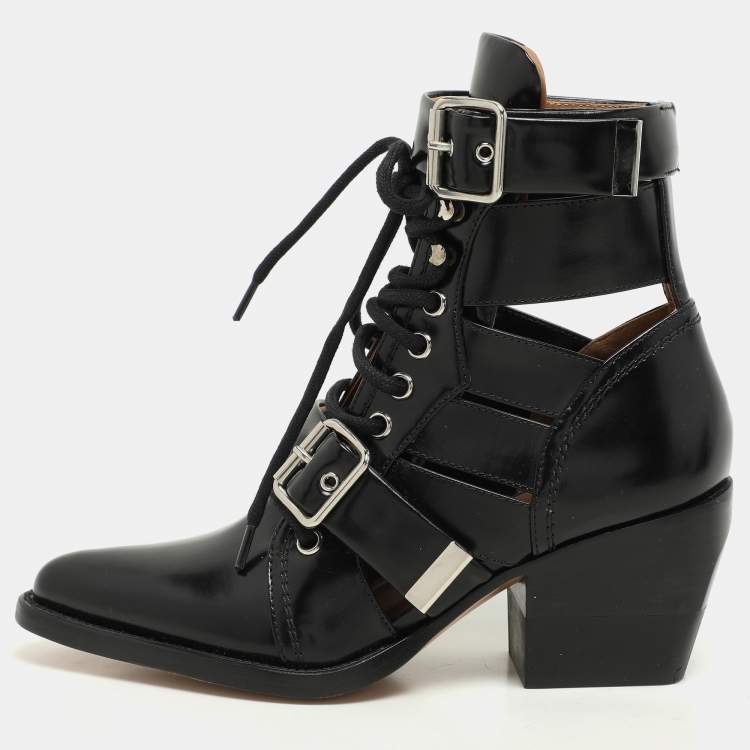 Pre Owned Chloe Black Leather Rylee Pointed Toe Boots Size 35.5