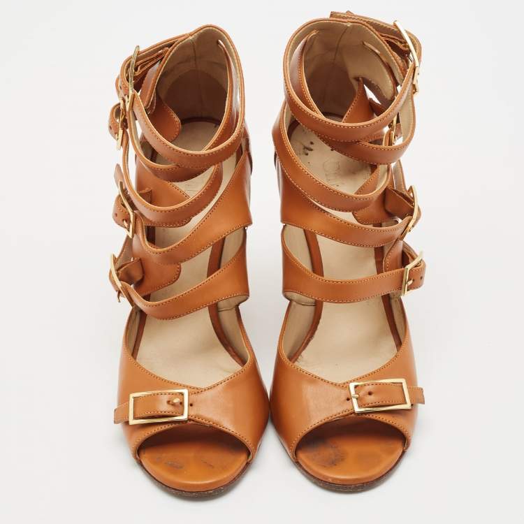Pre Owned Chloe Brown Leather Strappy Buckle Wedge Sandals Size 36.5