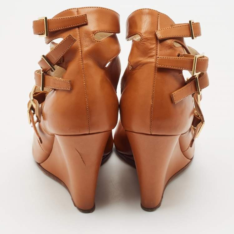 Pre Owned Chloe Brown Leather Strappy Buckle Wedge Sandals Size 36.5