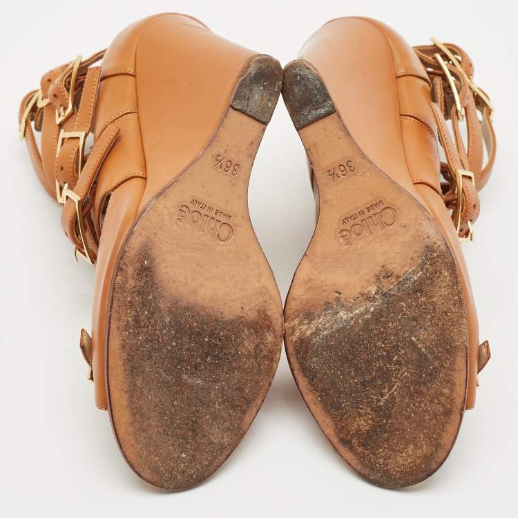 Pre Owned Chloe Brown Leather Strappy Buckle Wedge Sandals Size 36.5