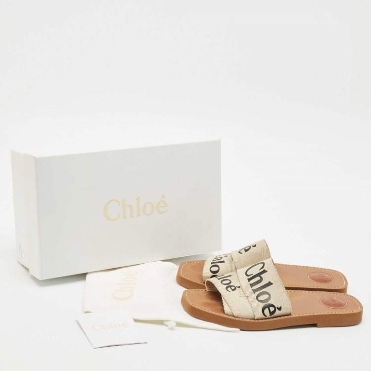 Pre Owned Chloe Off White Canvas Logo Ribbon Woody Flat Slide Sandals Size 37