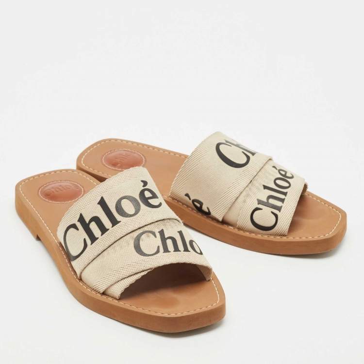 Pre Owned Chloe Off White Canvas Logo Ribbon Woody Flat Slide Sandals Size 37