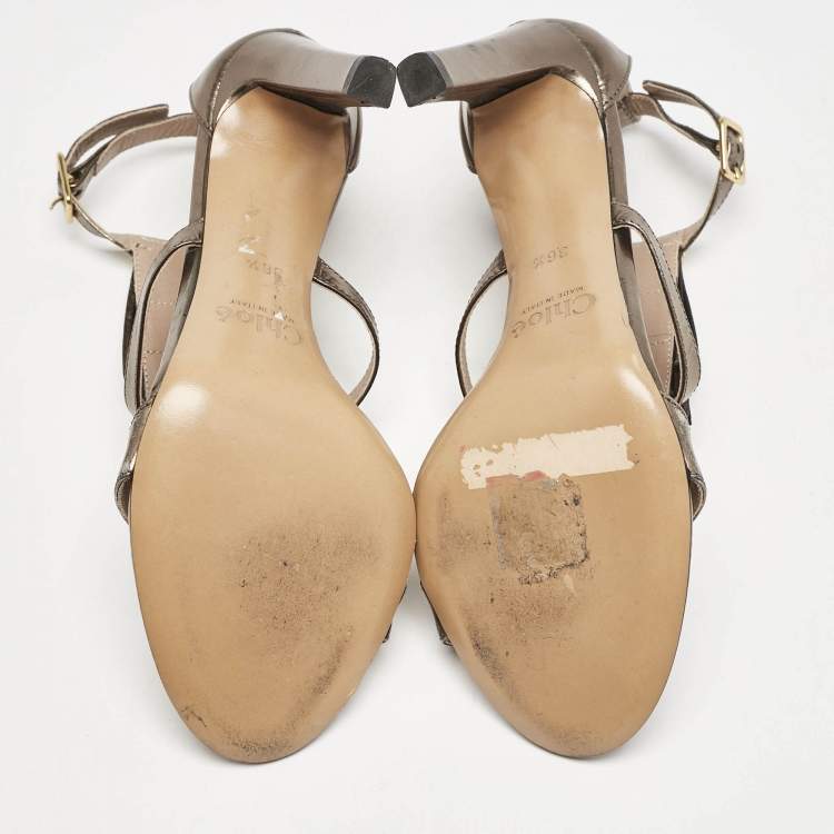 Pre Owned Chloe Metallic Leather Fringe T-Strap Sandals Size 36.5