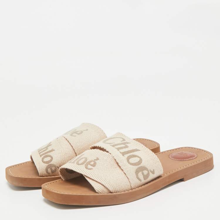 Pre Owned Chloe Beige Canvas Logo Ribbon Woody Flat Slide Sandals Size 37