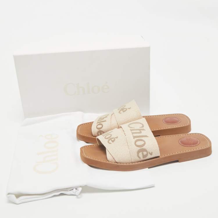 Pre Owned Chloe Beige Canvas Logo Ribbon Woody Flat Slide Sandals Size 37