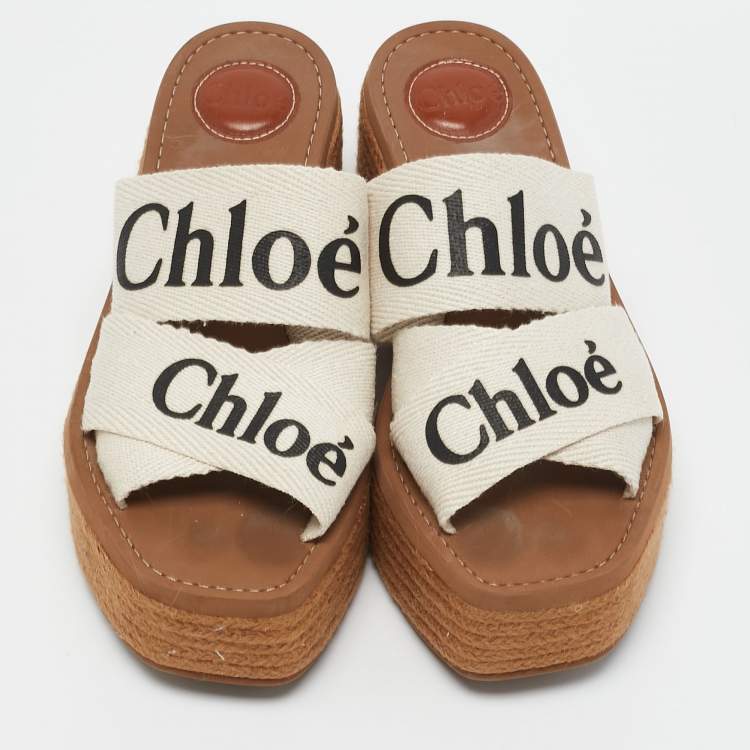 Pre Owned Chloe White Canvas Woody Espadrille Sandals Size 37