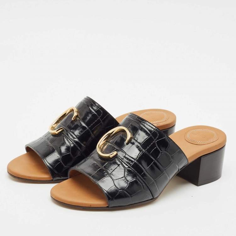 Pre Owned Chloe Black Croc Embossed Leather  C Logo Mules Size 40