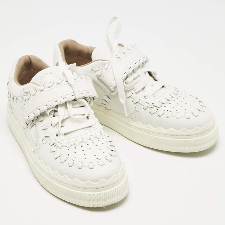 Pre Owned Chloé White Leather Whipstitch Trim Sneakers Size 37