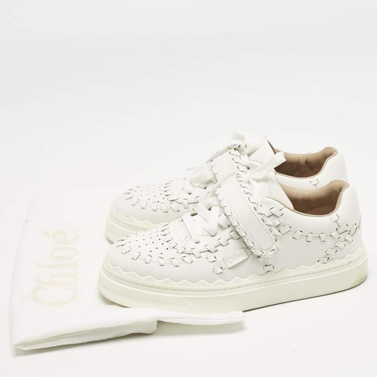 Pre Owned Chloé White Leather Whipstitch Trim Sneakers Size 37
