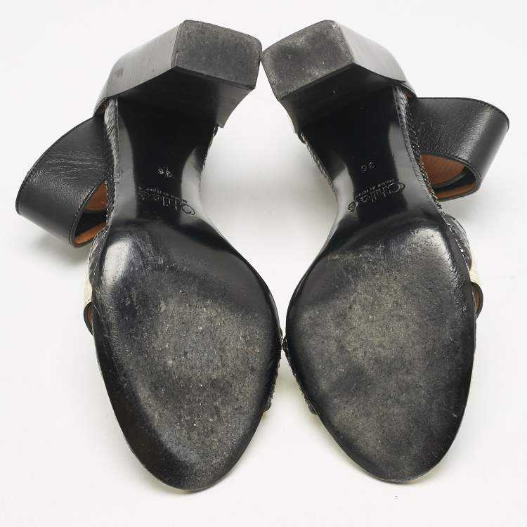Pre Owned Chloe Black/BeigeSnakeskin and Leather Ankle Strap Sandals Size 36