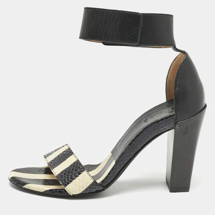 Pre Owned Chloe Black/BeigeSnakeskin and Leather Ankle Strap Sandals Size 36