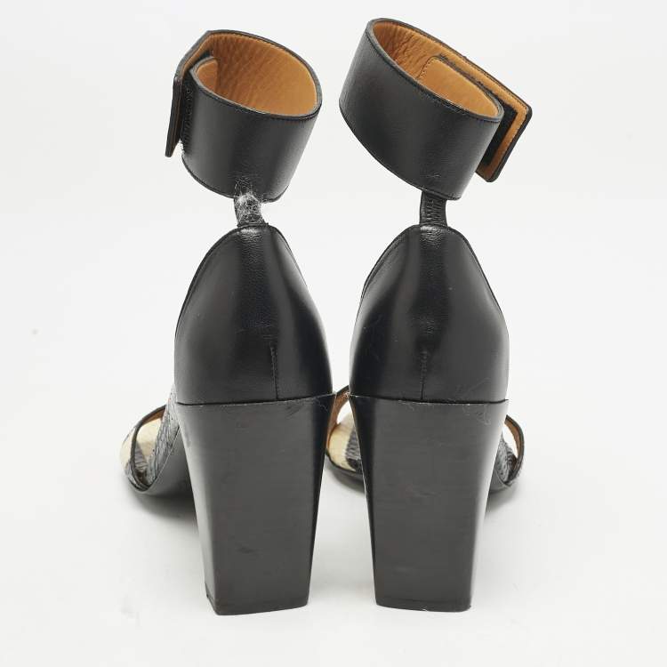 Pre Owned Chloe Black/BeigeSnakeskin and Leather Ankle Strap Sandals Size 36