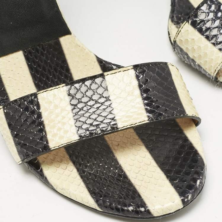 Pre Owned Chloe Black/BeigeSnakeskin and Leather Ankle Strap Sandals Size 36
