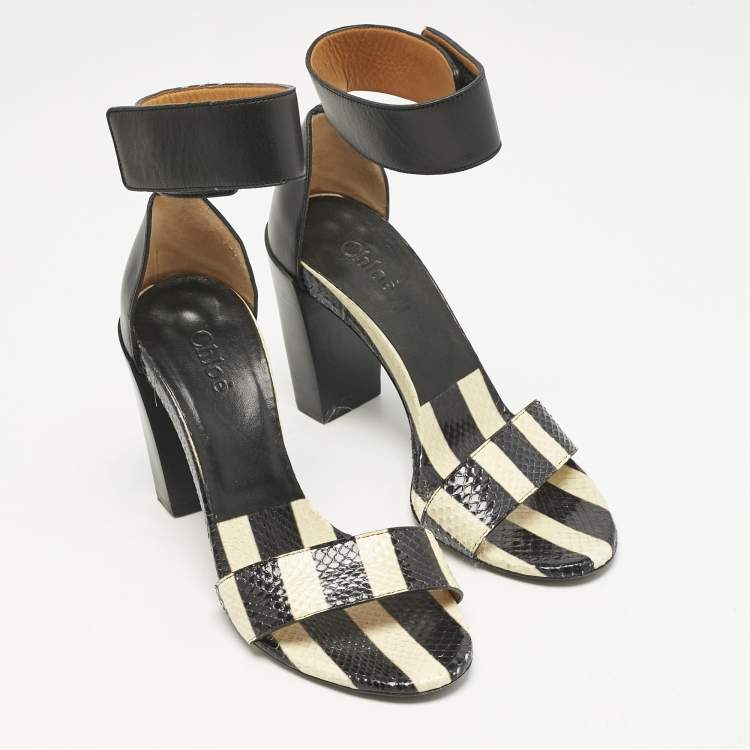 Pre Owned Chloe Black/BeigeSnakeskin and Leather Ankle Strap Sandals Size 36
