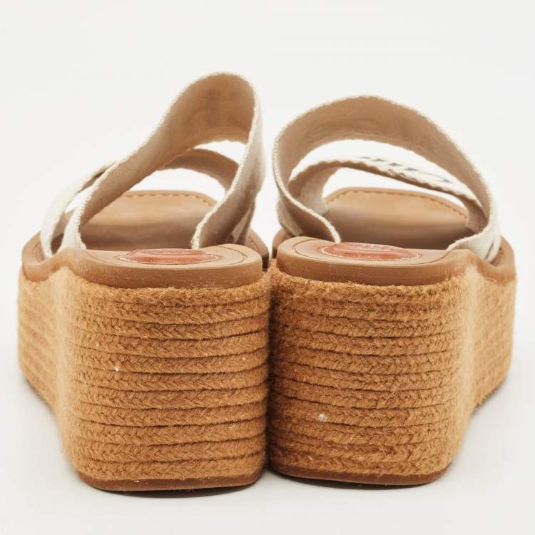 Pre Owned Chloe White Canvas Woody Wedge Slide Sandals Size 39