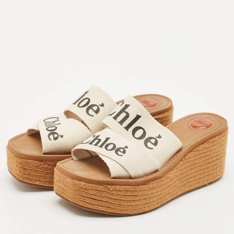 Pre Owned Chloe White Canvas Woody Wedge Slide Sandals Size 39