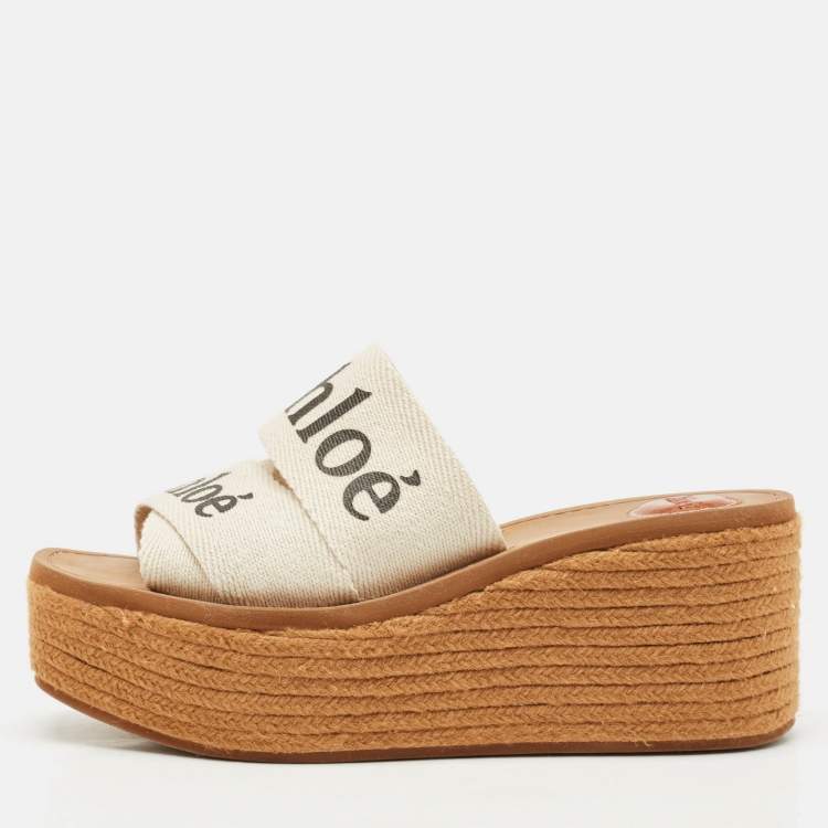 Pre Owned Chloe White Canvas Woody Wedge Slide Sandals Size 39