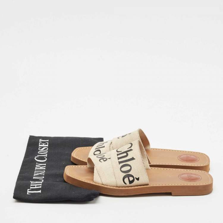 Pre Owned Chloe Off White Logo Print Canvas Woody Flat Slides Size 38