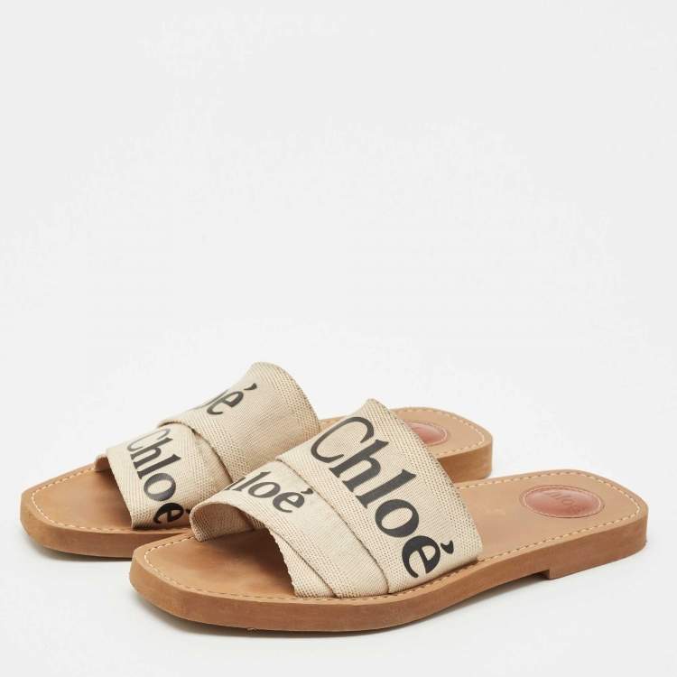 Pre Owned Chloe Off White Logo Print Canvas Woody Flat Slides Size 38