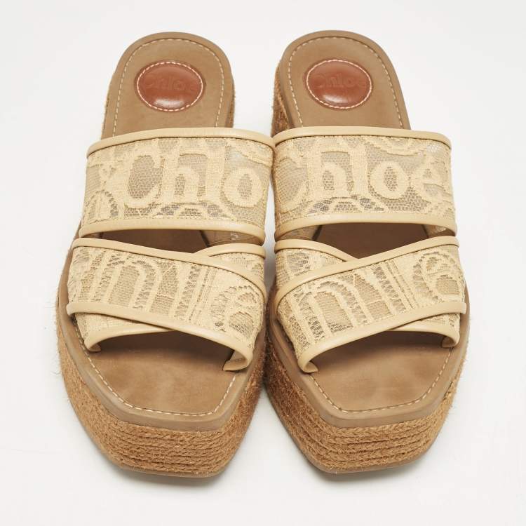Pre Owned Chloe Beige Canvas Logo Print Woody Wedge Platform Slide Sandals Size 39