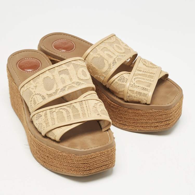 Pre Owned Chloe Beige Canvas Logo Print Woody Wedge Platform Slide Sandals Size 39