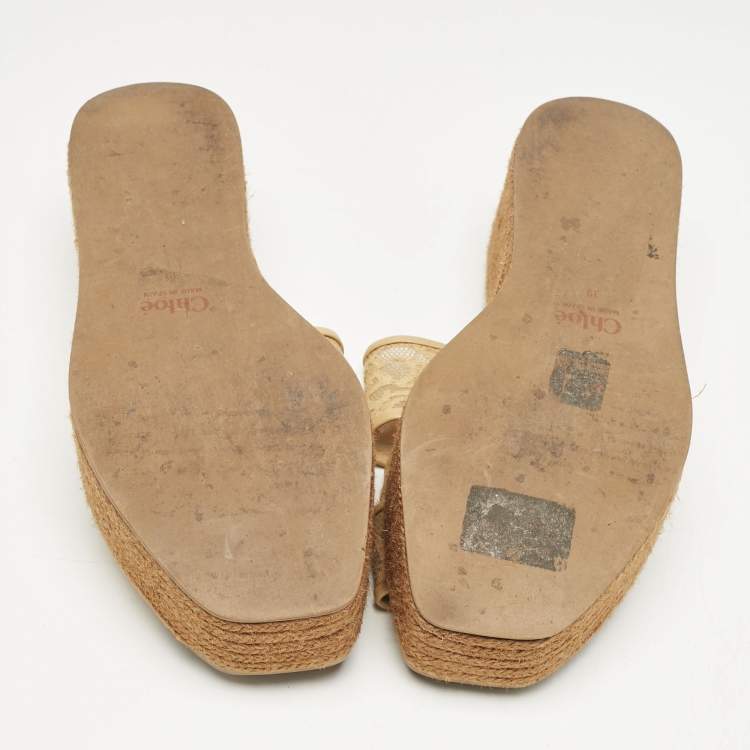 Pre Owned Chloe Beige Canvas Logo Print Woody Wedge Platform Slide Sandals Size 39