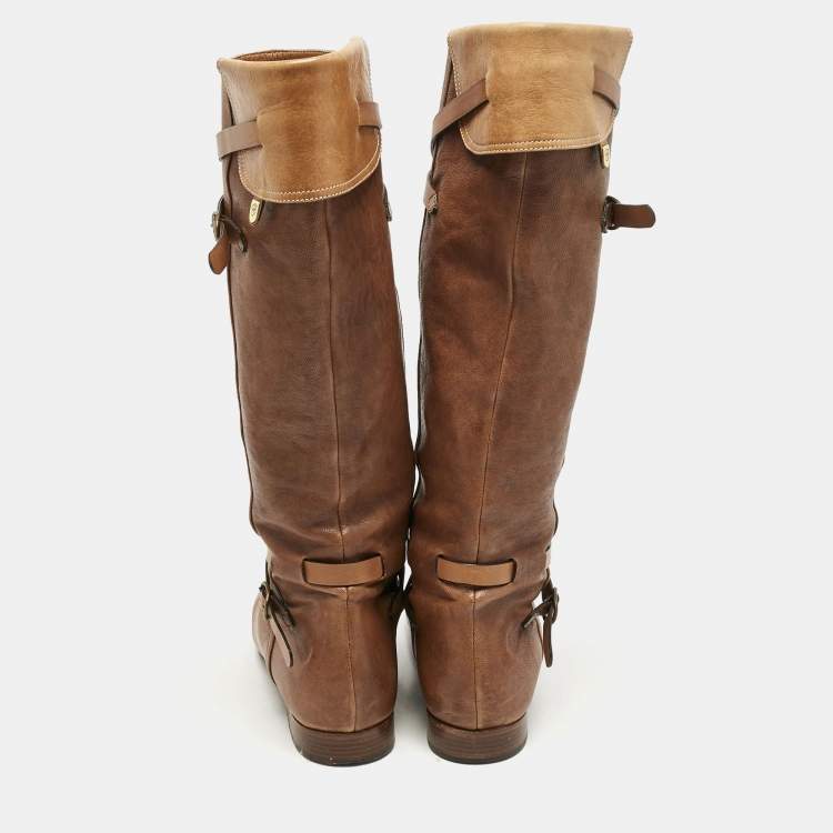 Pre Owned Chloe Brown Leather Strappy Buckle Knee Length Boots Size 38.5