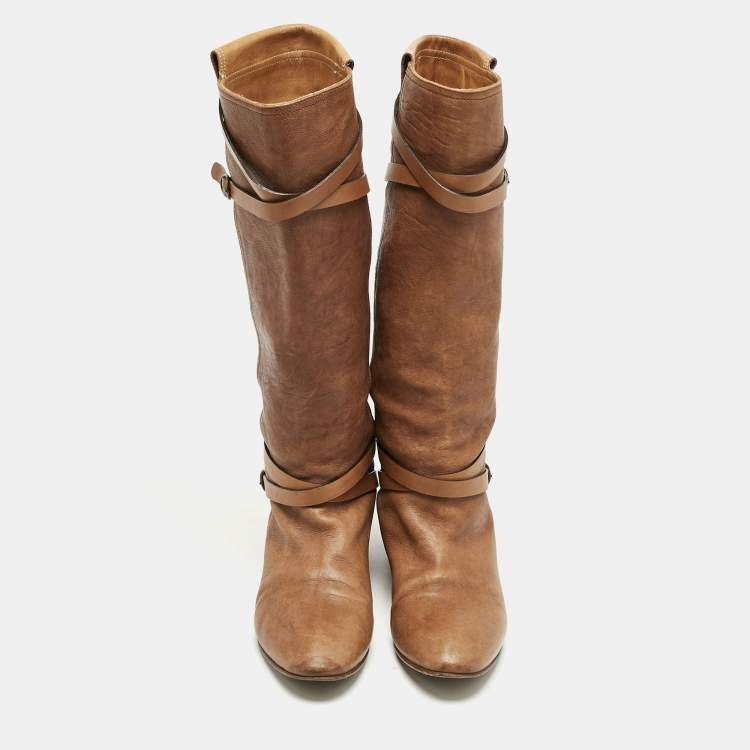 Pre Owned Chloe Brown Leather Strappy Buckle Knee Length Boots Size 38.5