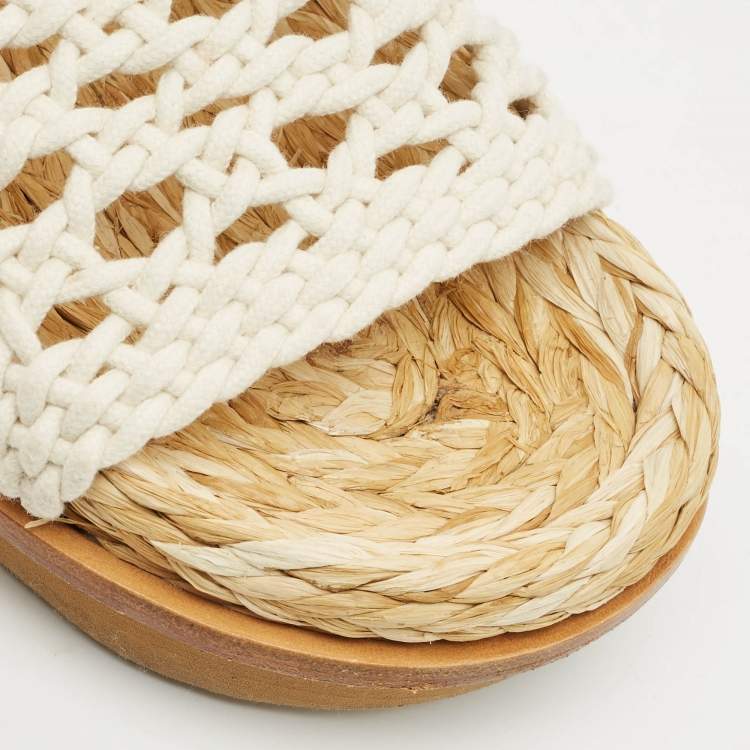 Pre Owned Chloe White Woven Crochet Wavy Flat Slides Size 37