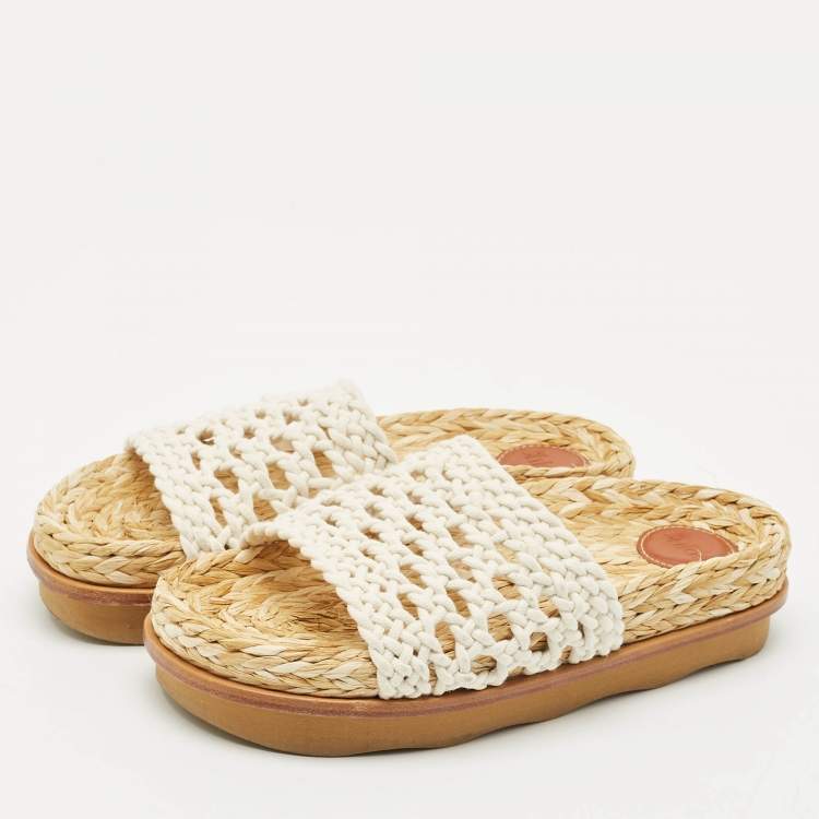 Pre Owned Chloe White Woven Crochet Wavy Flat Slides Size 37