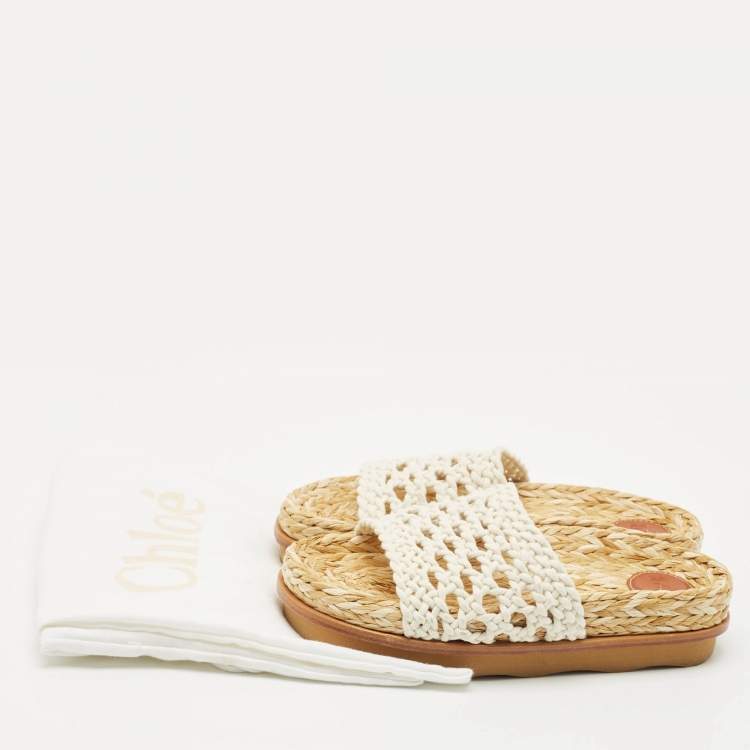 Pre Owned Chloe White Woven Crochet Wavy Flat Slides Size 37