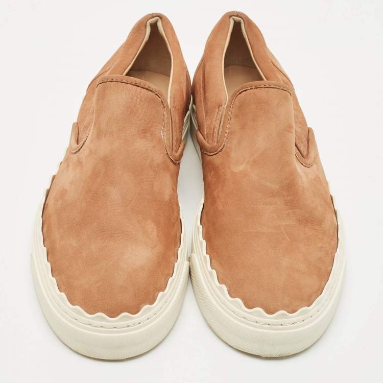 Pre Owned Chloe Brown Nubuck Leather Ivy Scallop Slip On Sneakers Size 40