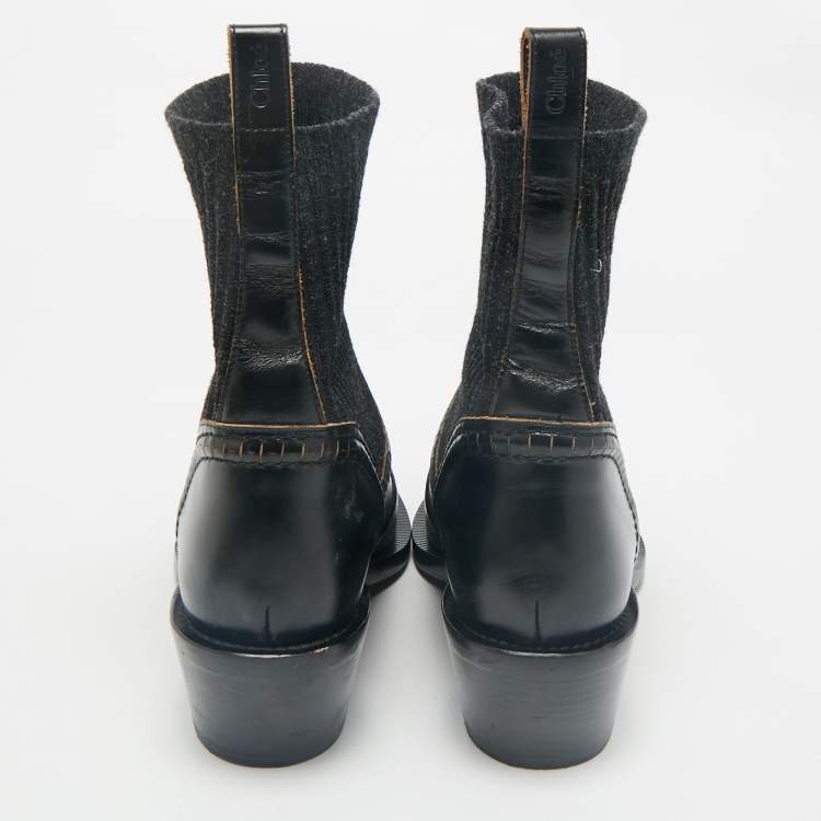 Pre Owned Chloe Black Leather and Fabric  Ankle Boots Size 38
