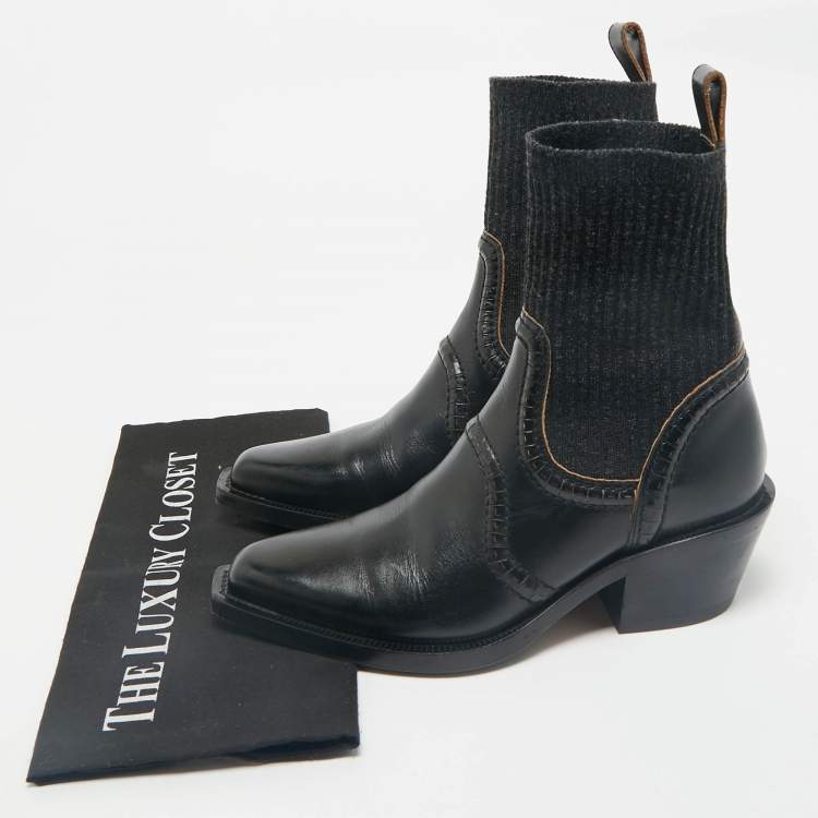 Pre Owned Chloe Black Leather and Fabric  Ankle Boots Size 38
