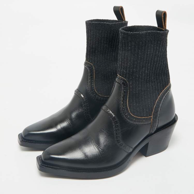 Pre Owned Chloe Black Leather and Fabric  Ankle Boots Size 38