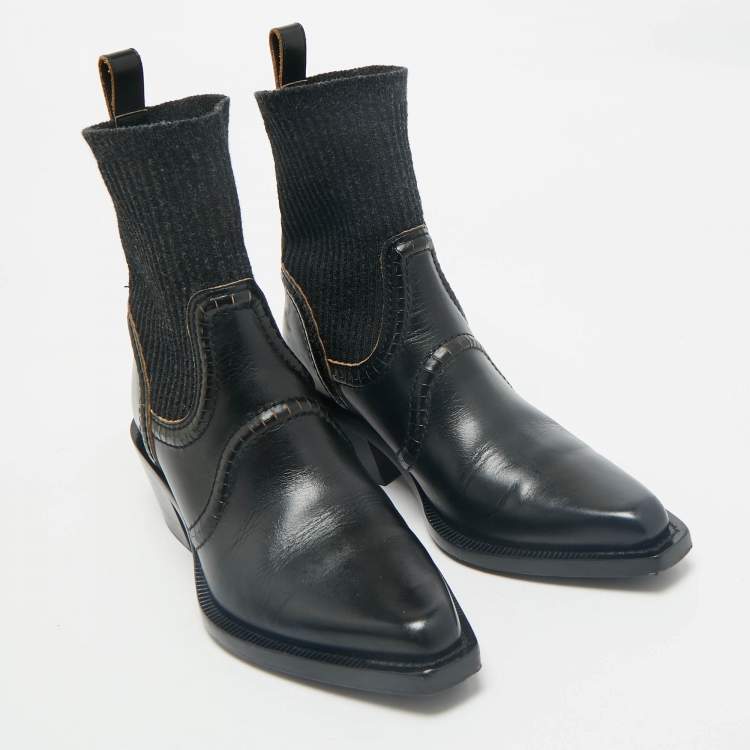 Pre Owned Chloe Black Leather and Fabric  Ankle Boots Size 38