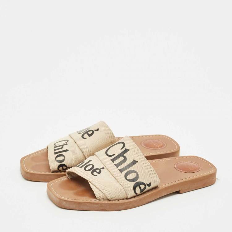 Pre Owned Chloe Beige Canvas Logo Ribbon Woody Flat Slide Sandals Size 37