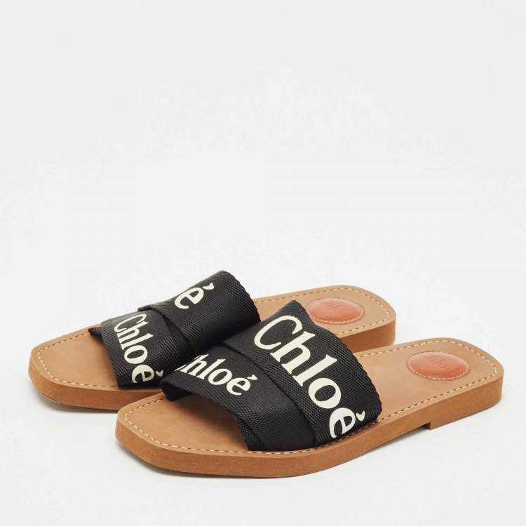 Pre Owned Chloe Black Canvas Logo Ribbon Woody Flat Slide Sandals Size 39