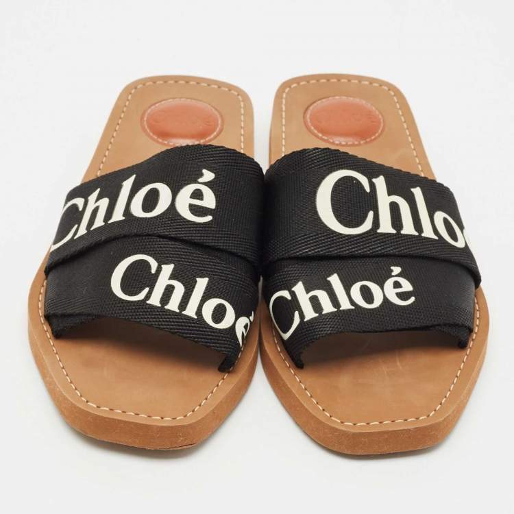 Pre Owned Chloe Black Canvas Logo Ribbon Woody Flat Slide Sandals Size 39