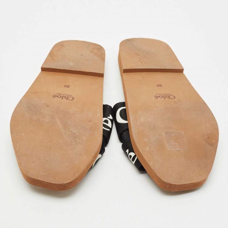 Pre Owned Chloe Black Canvas Logo Ribbon Woody Flat Slide Sandals Size 39