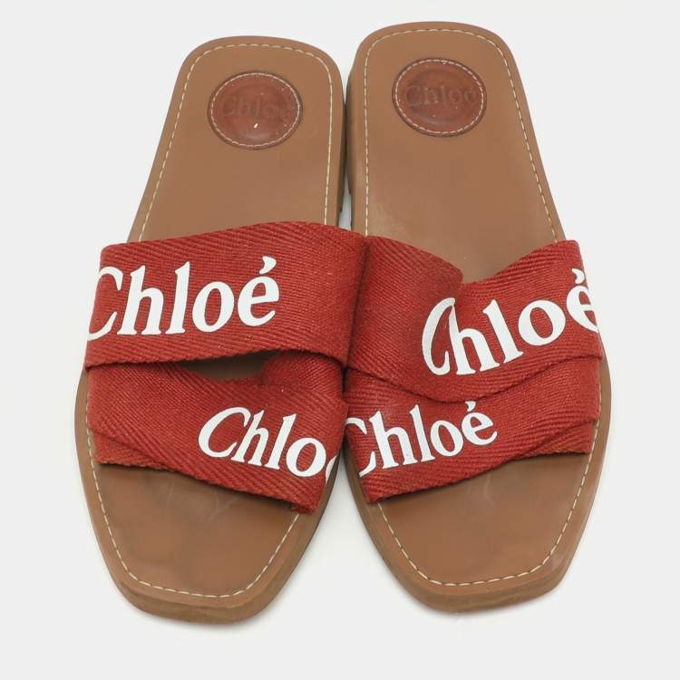 Pre Owned Chloe Burgundy Logo Print Canvas Woody Flat Slides Size 39