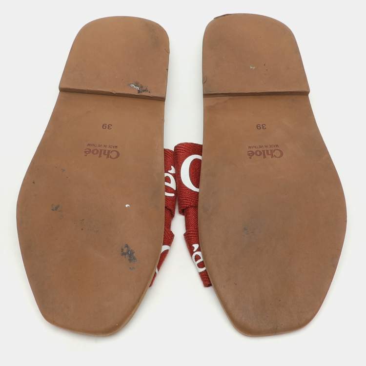 Pre Owned Chloe Burgundy Logo Print Canvas Woody Flat Slides Size 39